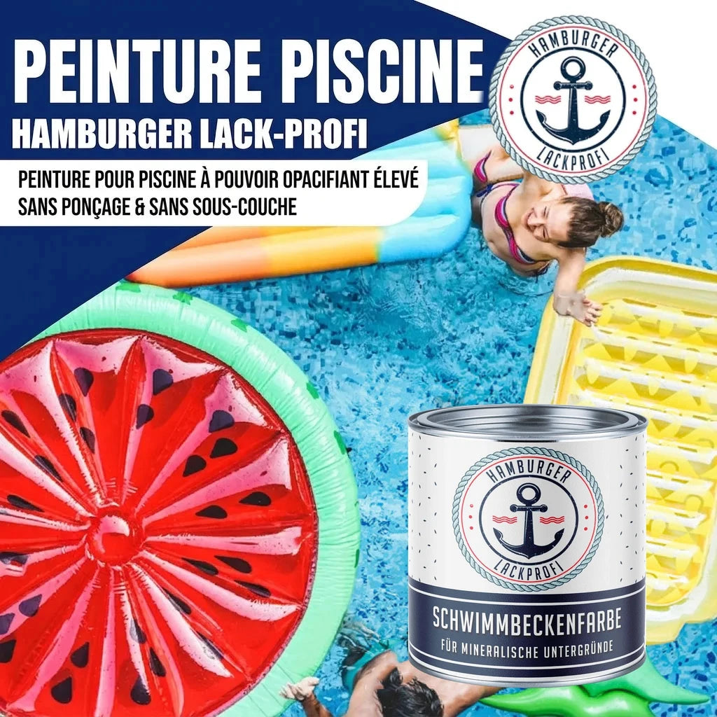 Peinture piscine "HAMBURGER LACK-PROFI" avec femme, matelas gonflables. Texte: "SCHWIMMBECKENFARBE".