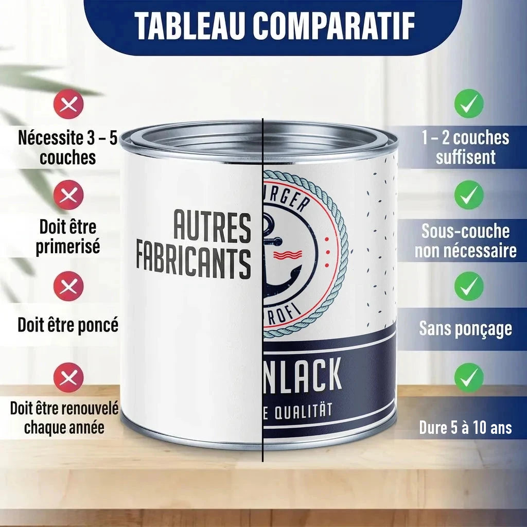 Tableau comparatif de peinture : "AUTRES FABRICANTS" vs. "BURGER PROFI ANLACK" pour bois, +10 ans.
