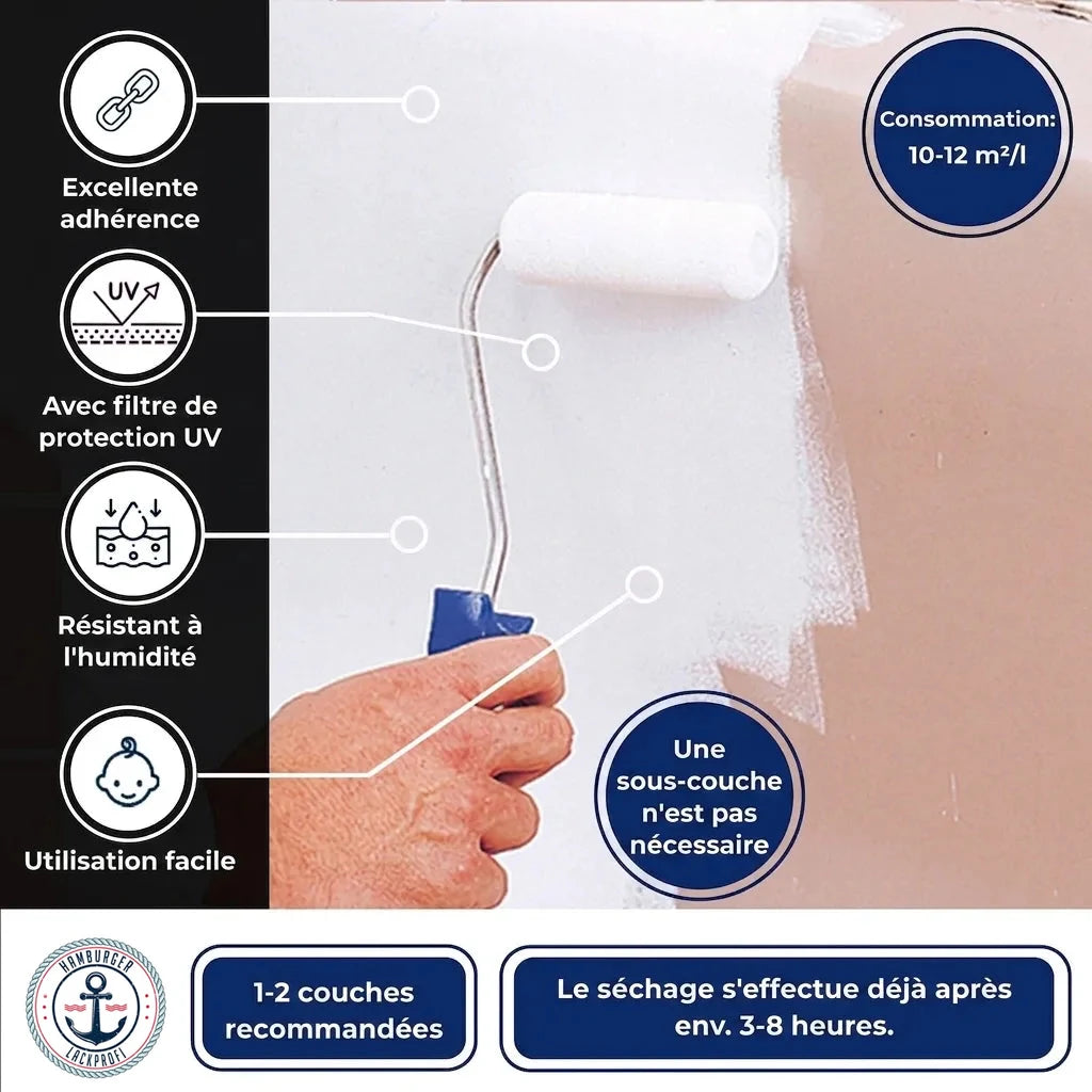 Publicité de peinture : Main peignant un mur. Texte allemand des caractéristiques et usage (adhérence, UV, séchage).