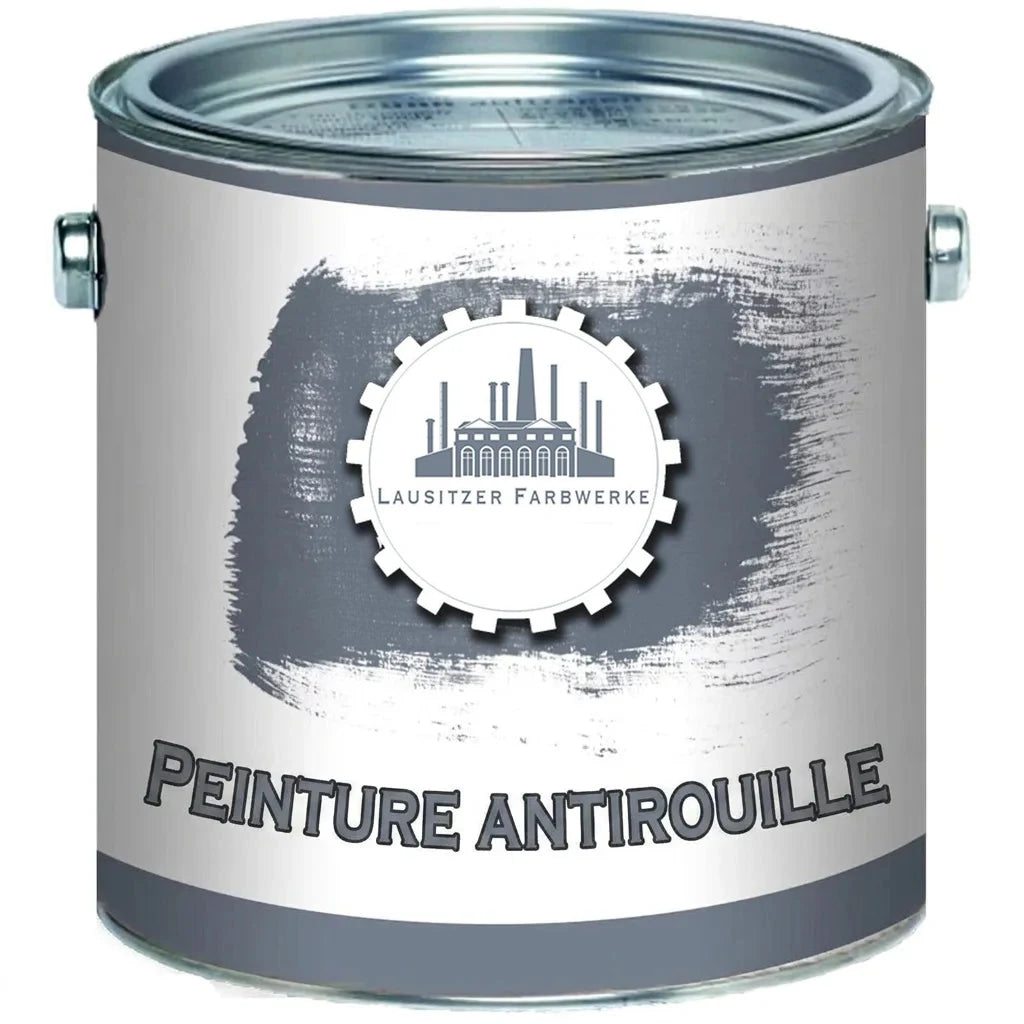 Pot de peinture gris avec le texte 'ROSTSCHUTZFARBE' (peinture anti-rouille) et le logo Lausitzer Farbwerke.