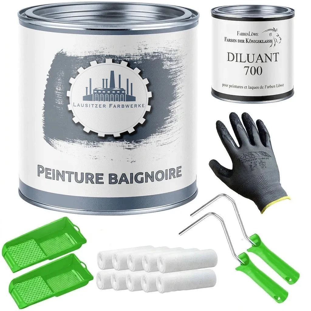 Kit de peinture pour baignoire, comprenant un pot de laque, un diluant, des gants, des bacs et des rouleaux.