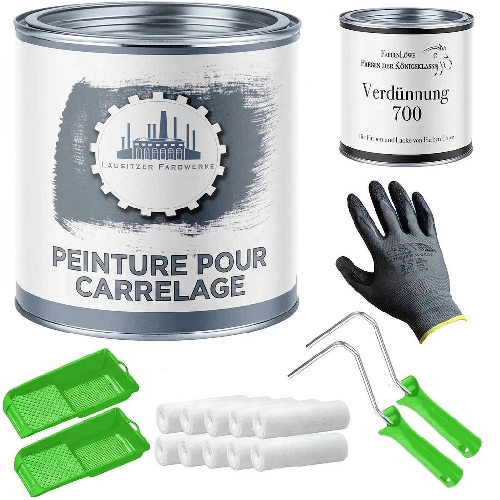 Kit peinture carrelage: laque, diluant, gants, bacs, rouleaux. Tout pour rénover sols, murs. Lausitzer Farbwerke.