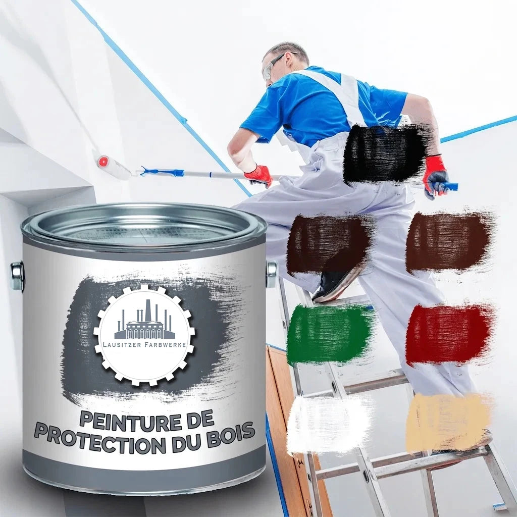 Peintre sur échelle, appliquant de la peinture. Pot de peinture 'Holzschutzfarbe' avec échantillons de couleurs variées.