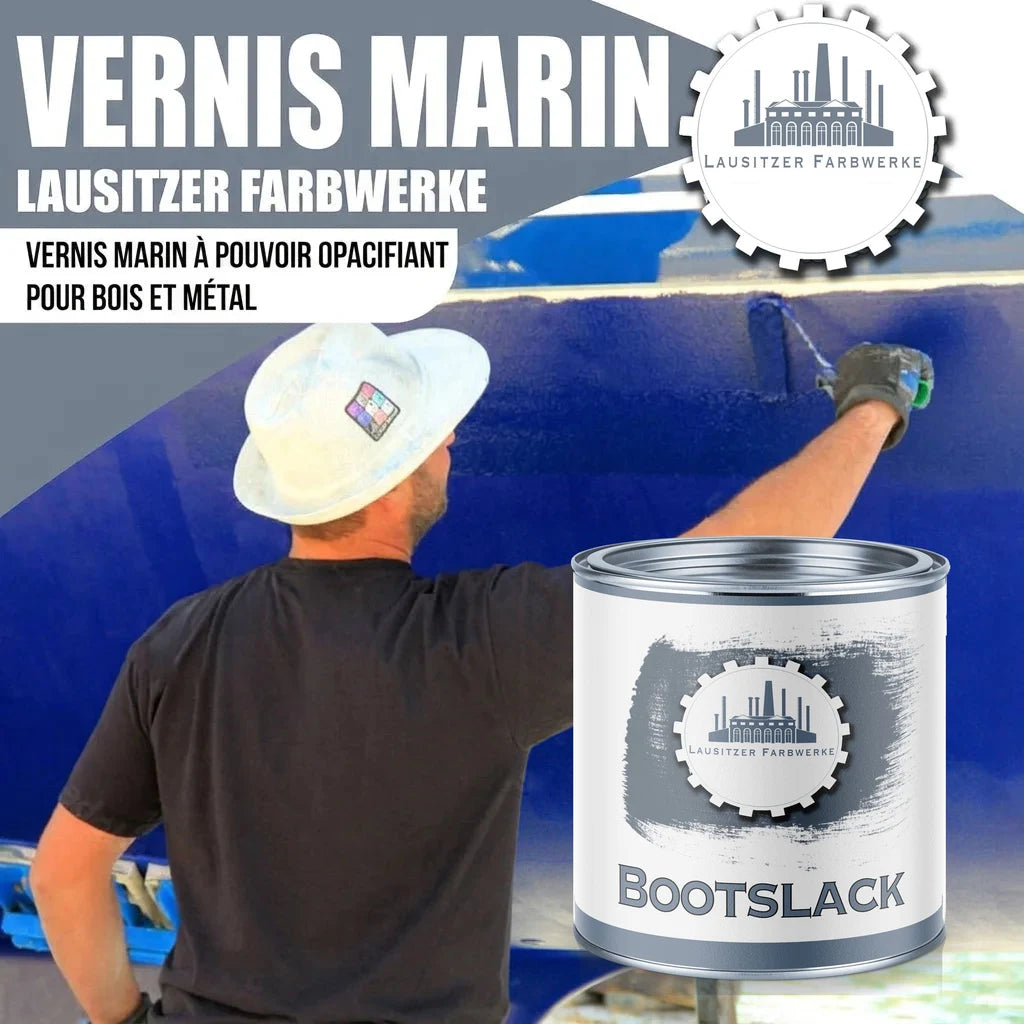 Vernis marin Lausitzer Farbwerke, un homme peint un bateau en bleu. Pot de peinture "BOOTSLACK".