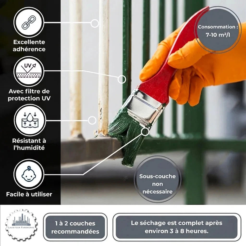 Main peignant une clôture métallique verte. Peinture anti-rouille avec protection UV, excellente adhérence, séchage rapide.