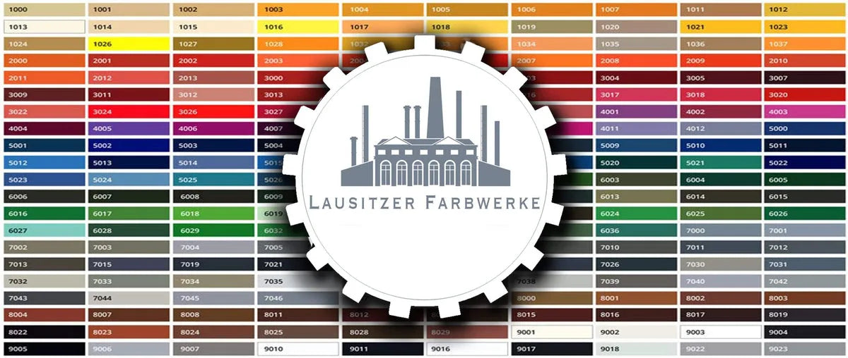 Nuancier de couleurs RAL complet avec codes numériques et logo de Lausitzer Farbwerke.