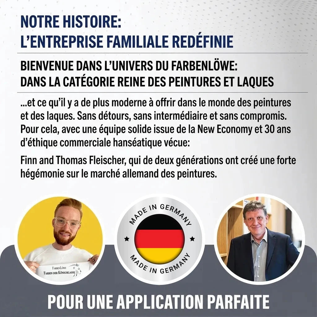 Publicité Farbenlöwe sur l'histoire de cette entreprise familiale allemande de peintures et vernis, Made in Germany.