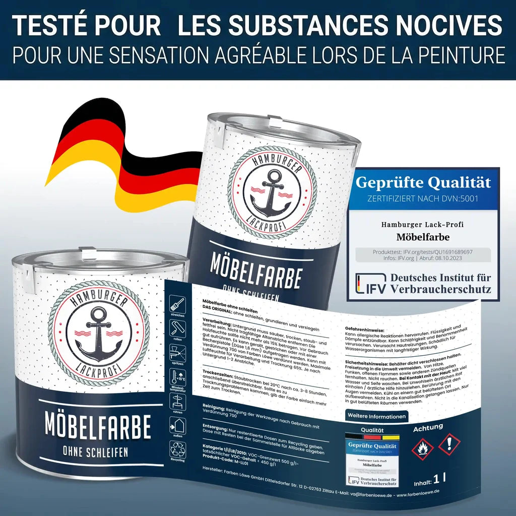 Peinture "MÖBELFARBE" de "HAMBURGER LACKPROFI", testée pour substances nocives, qualité certifiée.