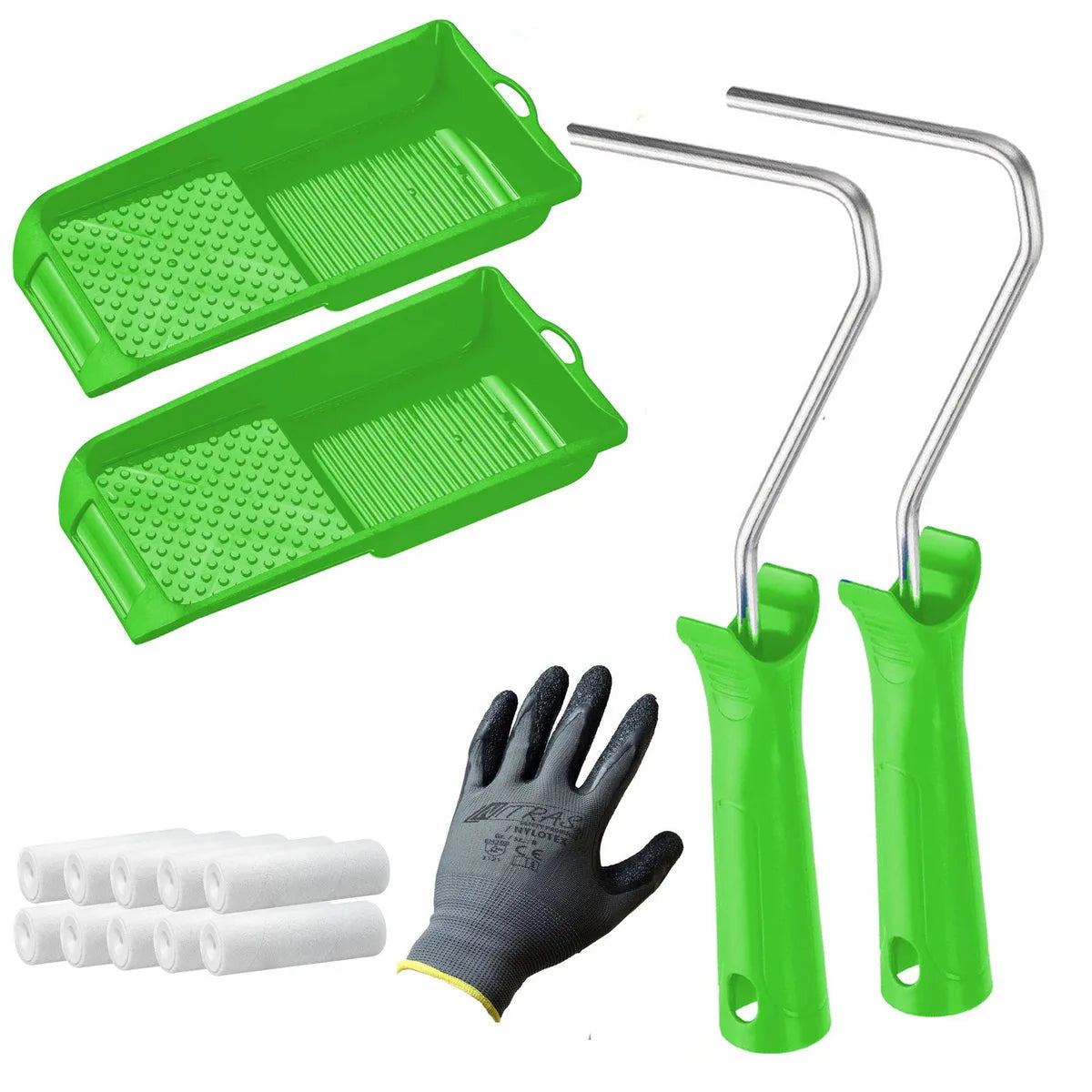 Kit de peinture : 2 bacs, 2 manches de rouleau, 8 recharges et 1 gant de travail