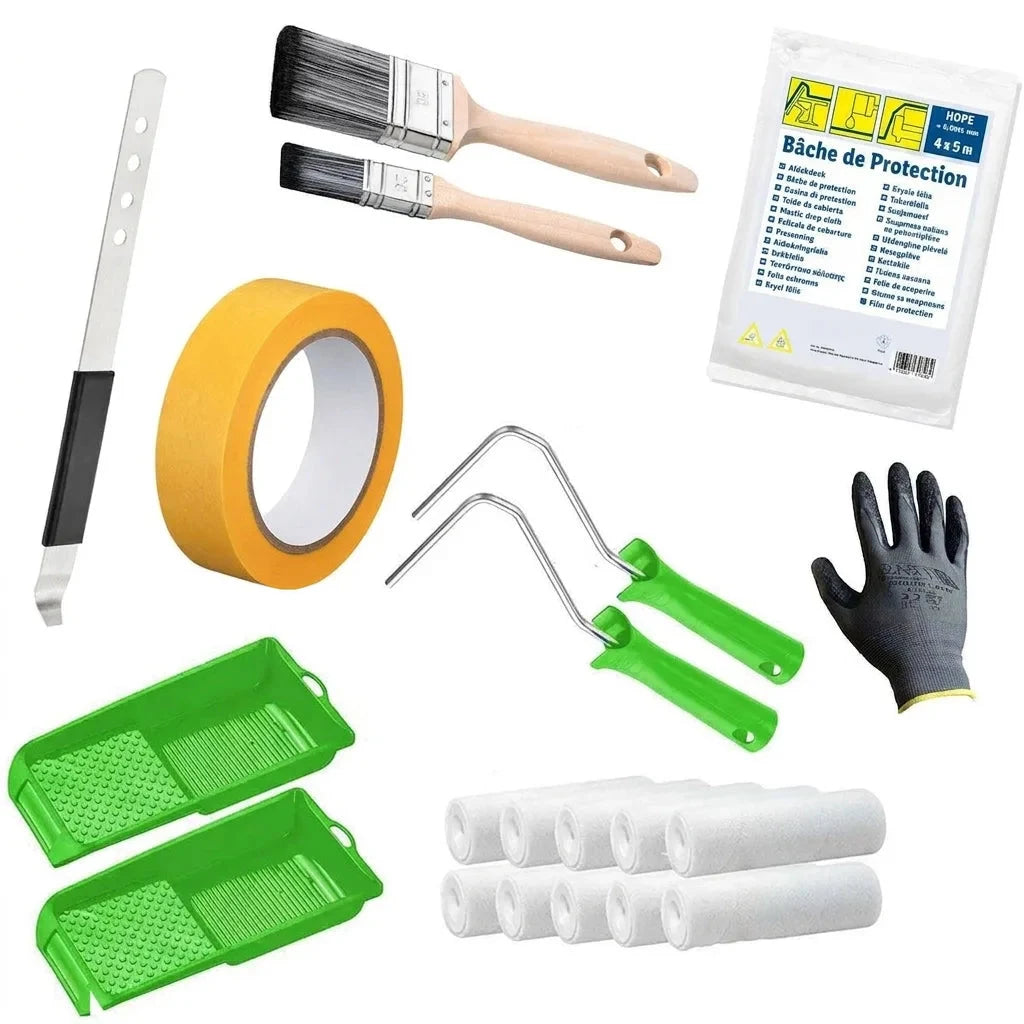 Kit de peinture complet: pinceaux, ruban adhésif, rouleaux, bacs, gants, film de protection et spatule.