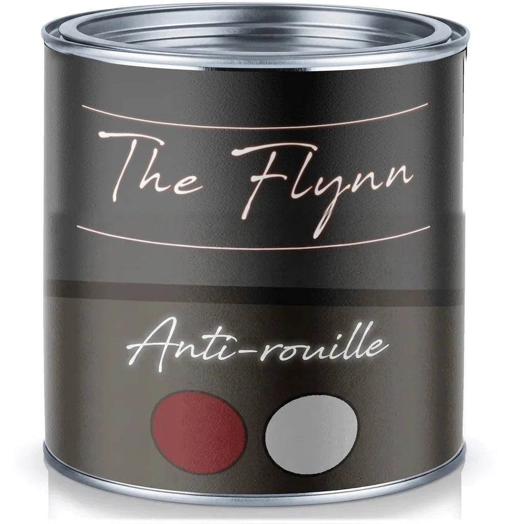 Pot de peinture The Flynn Rostschutz (protection rouille) avec échantillons de couleurs rouge et gris.