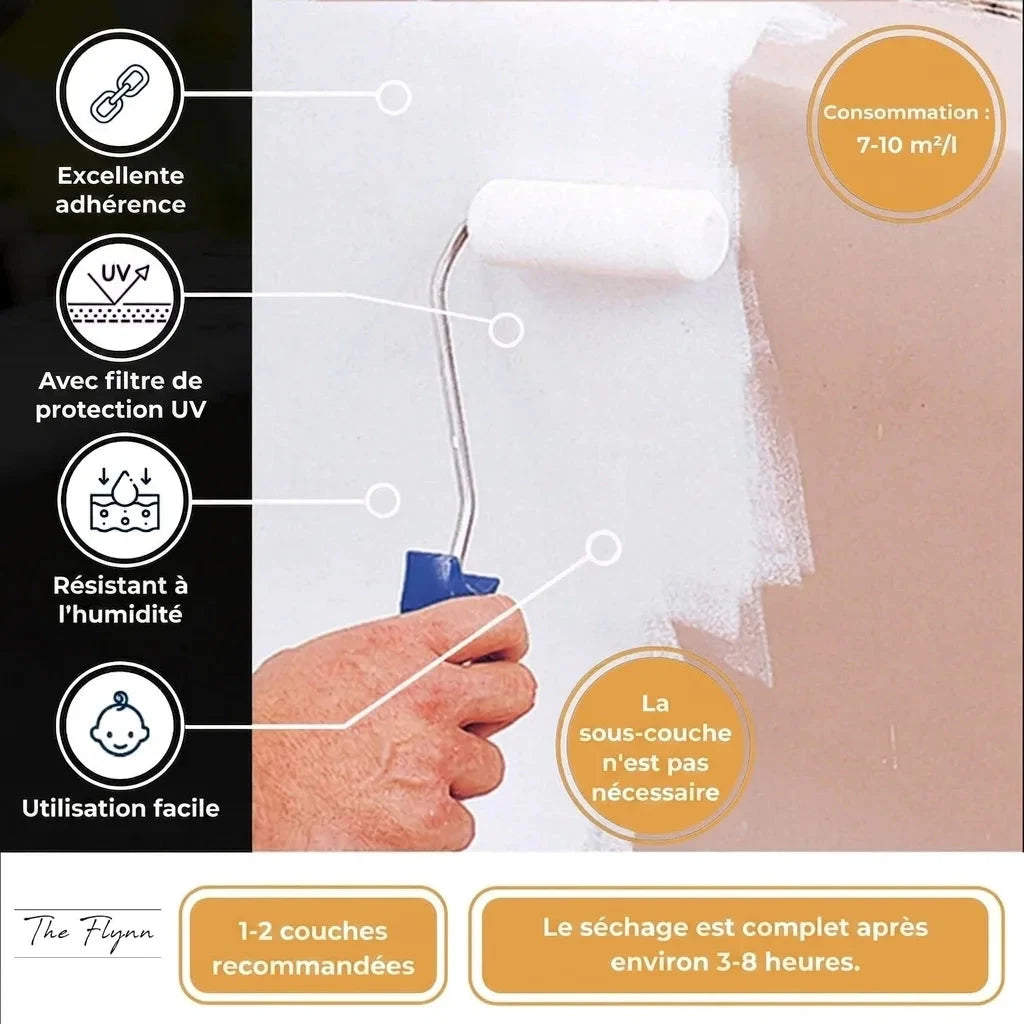 Peinture blanche The Flynn appliquée au rouleau. Caractéristiques: adhérence, protection UV, résistance humidité, facile, sans apprêt.