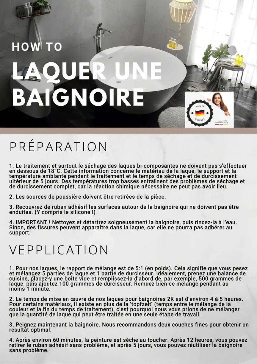 Baignoire blanche moderne, instructions allemandes pour la repeindre. Guide de rénovation de salle de bain.